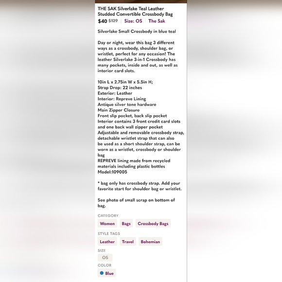 THE SAK Silverlake Teal Leather Studded Convertible Crossbody Bag - Picture 12 of 12